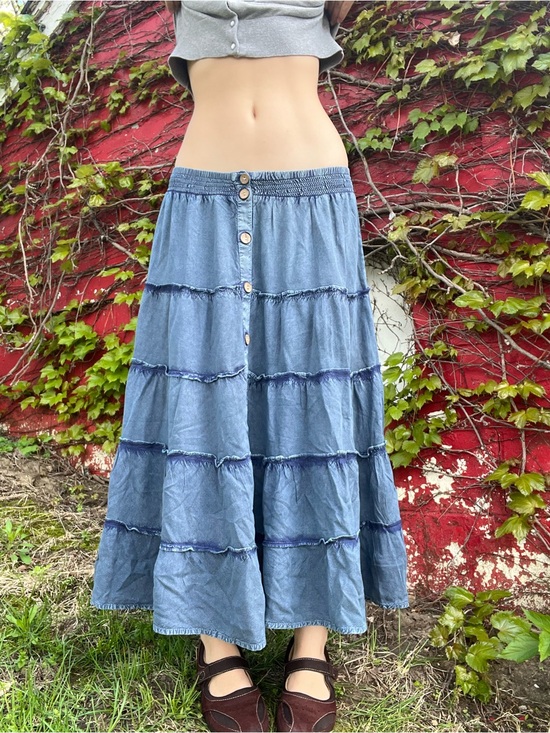Mlle Gabrielle Dresses & Skirts - Mlle Gabrielle Blue Tiered Button-Front Midi Skirt